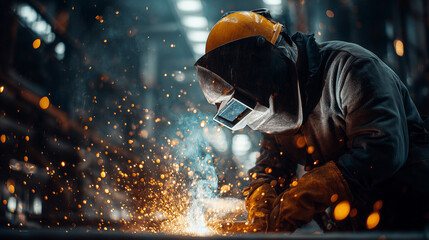 工場で溶接作業を行う作業員と飛び散る火花