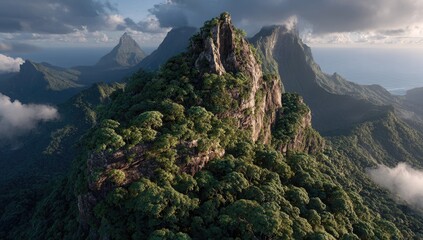 Lush mountain peak, dramatic clouds, tropical landscape