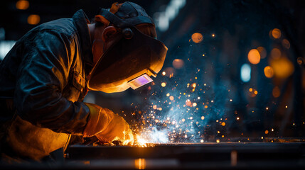 工場で溶接作業を行う作業員と飛び散る火花