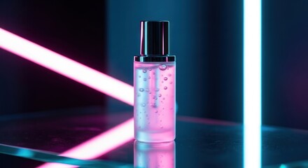 Clear Bottle with Gel and Bubbles Lit by Pink and Blue Neon Lights