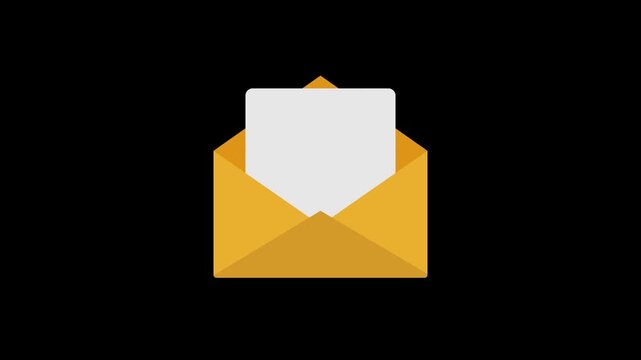 Animation of an open envelope containing a blank document with confetti. Transparent background. 4K resolution.