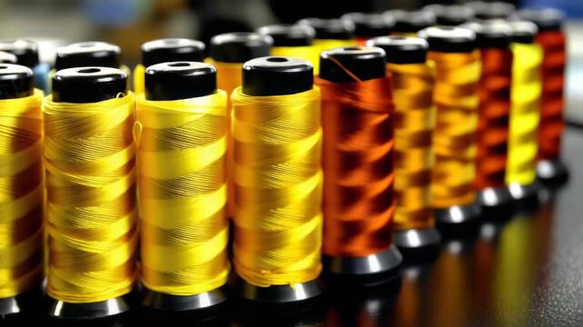 Colorful spools of thread arranged neatly on a table for sewing and crafting projects in a creative workspace