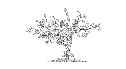 Dancing Woman Silhouette with Floral Vines and Delicate Pink Flowers
