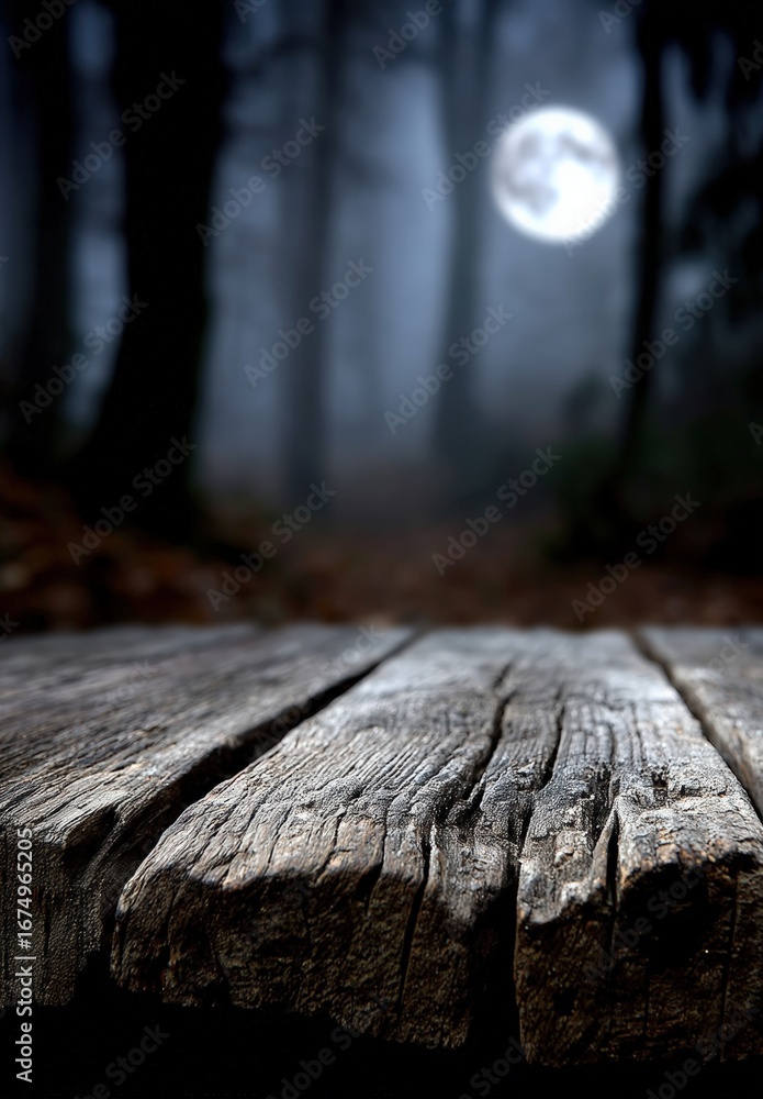Aufkleber old wooden planks creating rustic surface with blurred background of spooky forest illuminated by fu