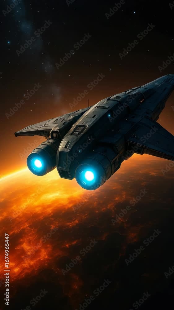 Poster futuristic spaceship soaring above a fiery planet, captured from a dynamic low-angle. perfect for sc