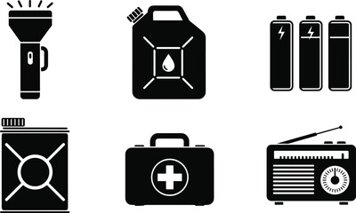 Emergency survival kit icons set, flashlight, batteries, first aid, fuel, water canister, radio, disaster preparedness essentials, black silhouette
