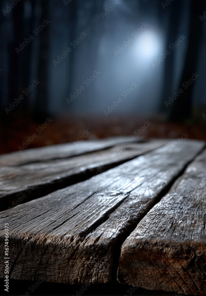 Poster empty wooden table presenting mysterious forest background with fog and moonlight, ideal for product