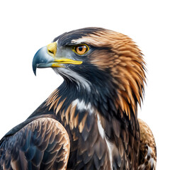 Fototapeta premium Closeup profile of a majestic golden eagle with sharp eyes and detailed feathers, isolated on transparent background