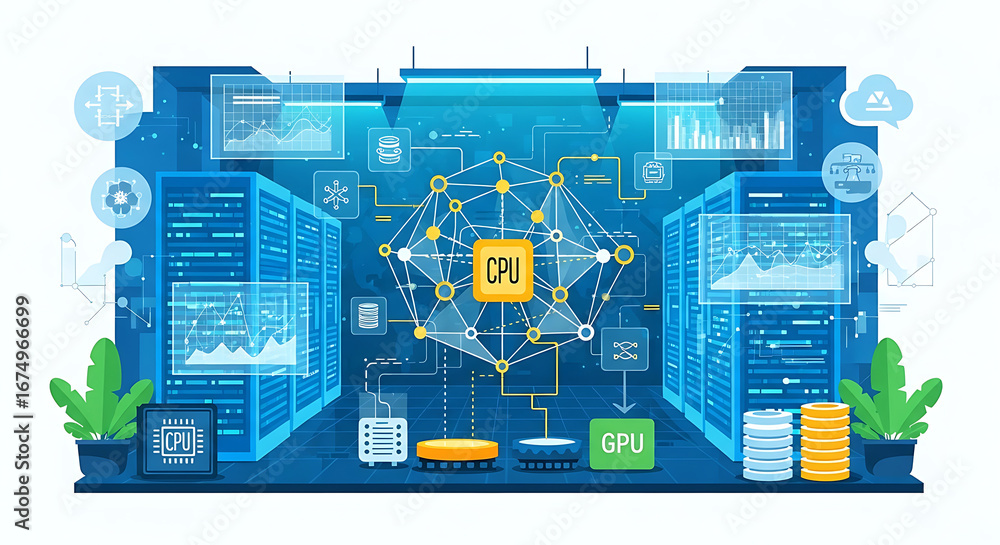 Poster illustration of a modern data center with cpu gpu and server racks in a blue color scheme