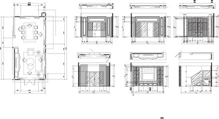 2D Furniture Layout Plan and Elevation Drawing of Living Room and Dining Room in Vector Style