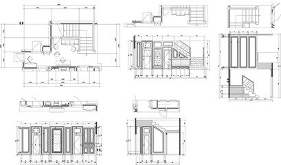 2D Interior Design Drawing of Stair Hall with Plan and Elevation in Vector Style