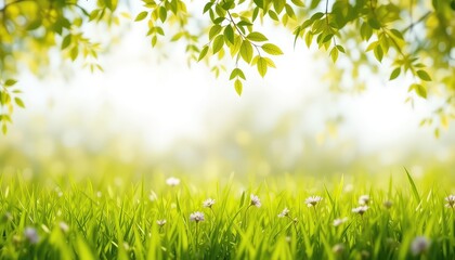 Vibrant spring meadow with soft sunlight filtering through green leaves, creating a serene and peaceful natural background