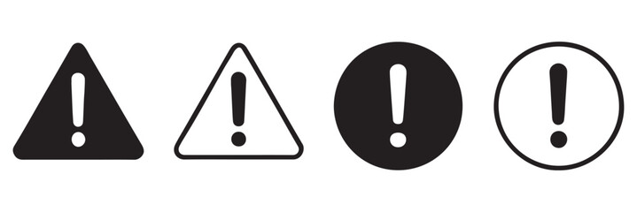 Hazard symbol in black and white color with exclamation symbol in different shapes stroke style. Caution symbols set with exclamation mark in various shapes. Danger warning icon set