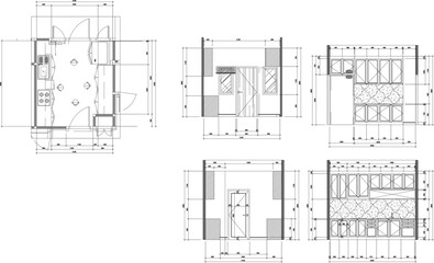2D Interior Design Drawing of Kitchen Furniture Layout Plan and Elevation in Vector Style