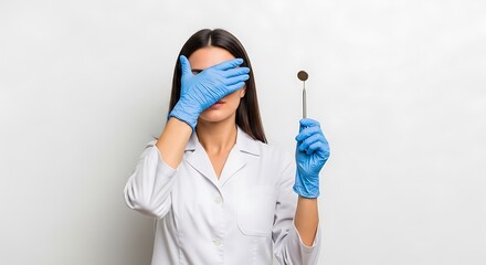 Naklejka premium Frustrated Dentist with Dental Mirror Covering Eyes Expressing Overwork and Burnout in Modern Healthcare Setting