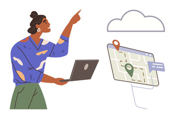 Woman holding laptop and pointing upward toward a cloud, map on screen with location pin and dialogue bubble. Ideal for navigation, cloud computing, technology, guidance, innovation, travel