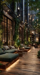 Fototapeta premium Urban courtyard patio at night, lit by string lights