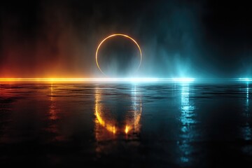 Neon ring over mirrored water