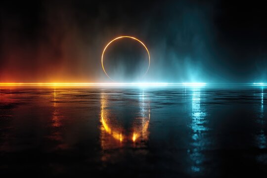 Neon ring over mirrored water