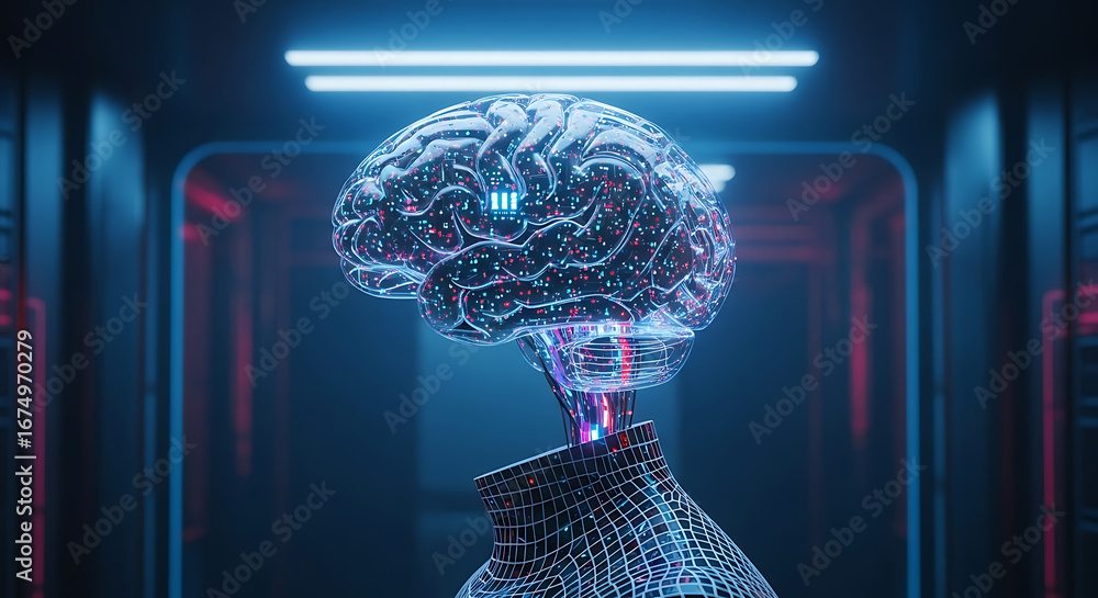 Aufkleber artificial intelligence brain with digital interface in a futuristic environment scene