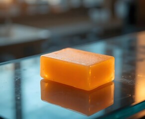 Invigorating orange soap bar on sleek glass surface beckons with clean, natural luxury and refreshing aroma
