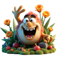 A cheerful, furry creature with vibrant orange and pink fur, playfully waving, stands amidst a lush garden of flowers and plants, radiating joyful energy.