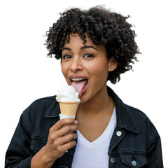 Young woman with curly hair eating an ice cream cone, isolated on transparent background