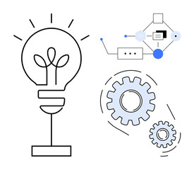 Light bulb representing innovation, gears symbolizing process, and connected diagram for strategy. Ideal for creativity, innovation, brainstorming, planning, teamwork, technology futuristic