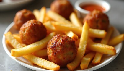 Delicious Plated Meal Featuring Meatballs Fries And Assorted Savory Sauces For Dinner