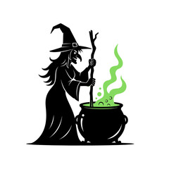 Vector Flat Illustration of a Witch Stirring a Cauldron with Green Smoke for Halloween