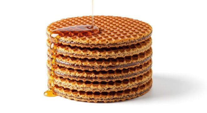 A tall stack of traditional Dutch stroopwafels with sweet caramel syrup dripping down the side on a white background.