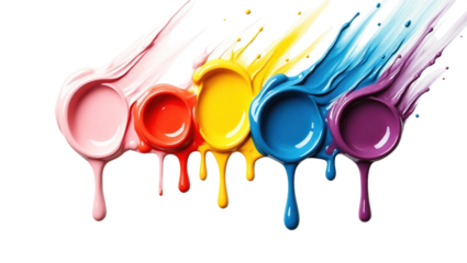 Vibrant hues of paint drip from containers in a dynamic display against a stark black backdrop.