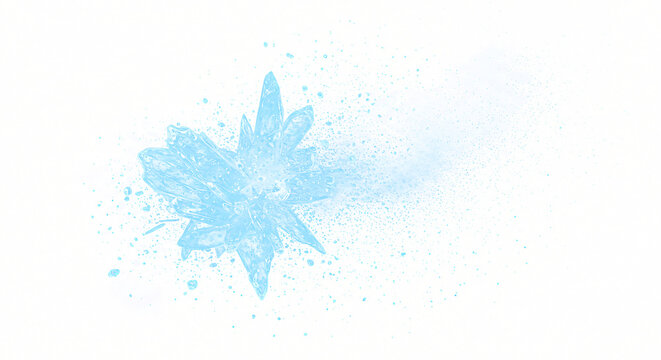 Frozen water crystal with radiating spray light blue sharp edges and dynamic motion.