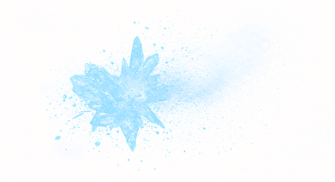 Frozen water crystal with radiating spray light blue sharp edges and dynamic motion.