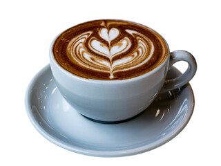 A delicious cup of latte coffee with intricate latte art, served in a white ceramic cup and saucer, isolated on a transparent background