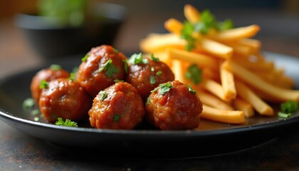 Stylish Dark Plate Presentation Of Grilled Meatballs Golden Fries And Savory Sauces