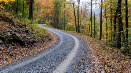 Naklejka premium Winding gravel road through vibrant autumn forest