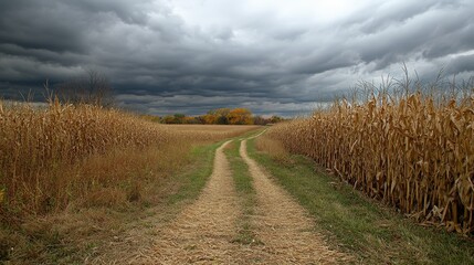 Winding path through golden cornfield under dramatic stormy sky