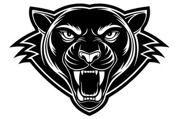 High-quality vector illustration of a fierce black panther head mascot logo. The aggressive roaring wild cat design features sharp fangs, piercing eyes, and bold outlines, perfect for esports teams, s