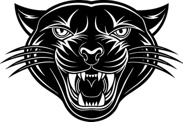 High-quality vector illustration of a fierce black panther head mascot logo. The aggressive roaring wild cat design features sharp fangs, piercing eyes, and bold outlines, perfect for esports teams, s