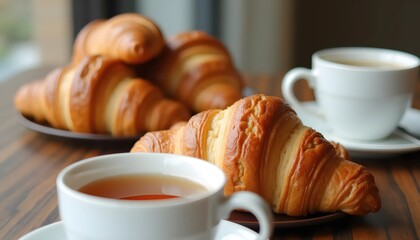 Crispy Golden Croissants With Warm Tea And Fruits In Morning Delight