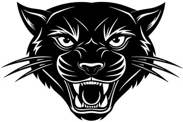 High-quality vector illustration of a fierce black panther head mascot logo. The aggressive roaring wild cat design features sharp fangs, piercing eyes, and bold outlines, perfect for esports teams, s