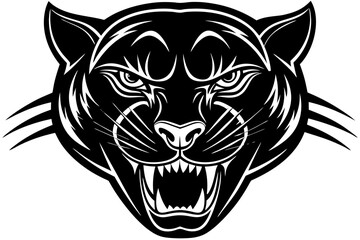 High-quality vector illustration of a fierce black panther head mascot logo. The aggressive roaring wild cat design features sharp fangs, piercing eyes, and bold outlines, perfect for esports teams, s
