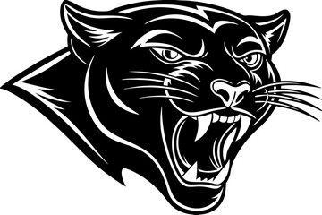 High-quality vector illustration of a fierce black panther head mascot logo. The aggressive roaring wild cat design features sharp fangs, piercing eyes, and bold outlines, perfect for esports teams, s