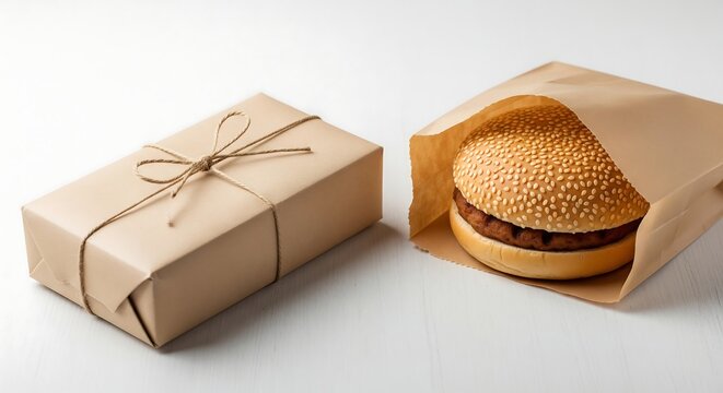 Burger Takeout in Paper Bag Next to Brown Paper Wrapped Gift Package