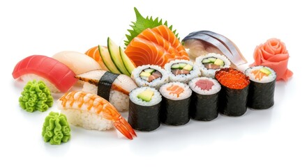 Colorful Japanese cuisine platter with assorted sushi, sashimi, nigiri, and maki rolls on a white background.