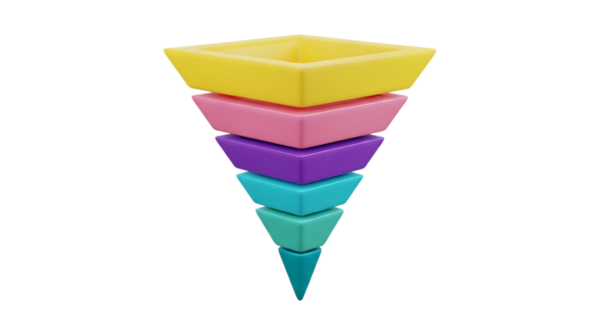 3d illustration of colorful stacked geometric shapes forming a funnel isolated on transparent background