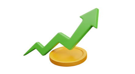 3d illustration of green upward arrow over gold coin isolated on transparent background