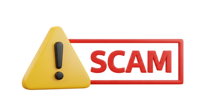 3d illustration of a scam warning sign with an exclamation mark isolated on transparent background