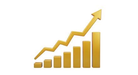3d illustration of golden bar chart with upward trending arrow isolated on transparent background